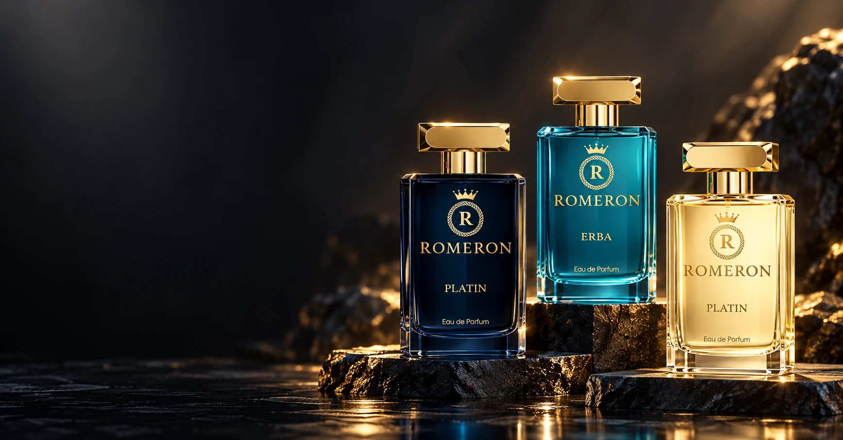 Romeron PLATIN és ERBA parfümök sötét talapzatokon